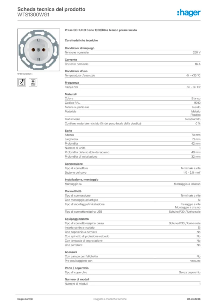Immagine Hager Scheda tecnica del prodotto WTS1300WG1 | Hager Italia