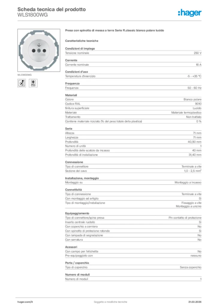 Immagine Hager Scheda tecnica del prodotto WLS1800WG | Hager Italia