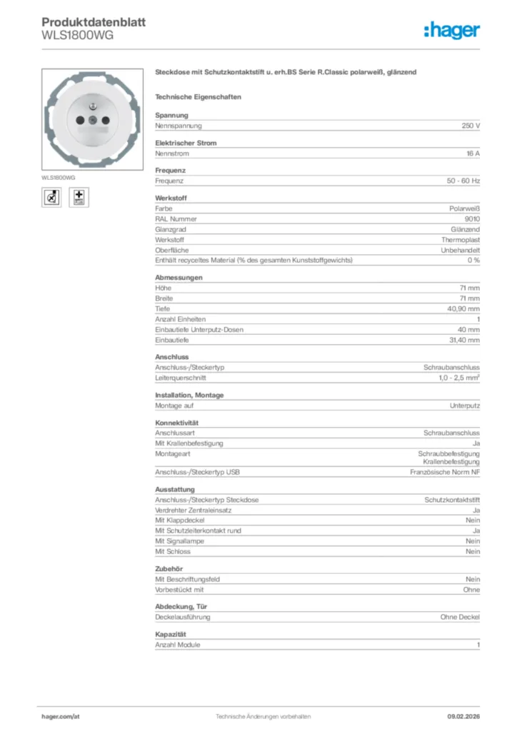 Bild Hager Produktdatenblatt WLS1800WG | Hager Deutschland