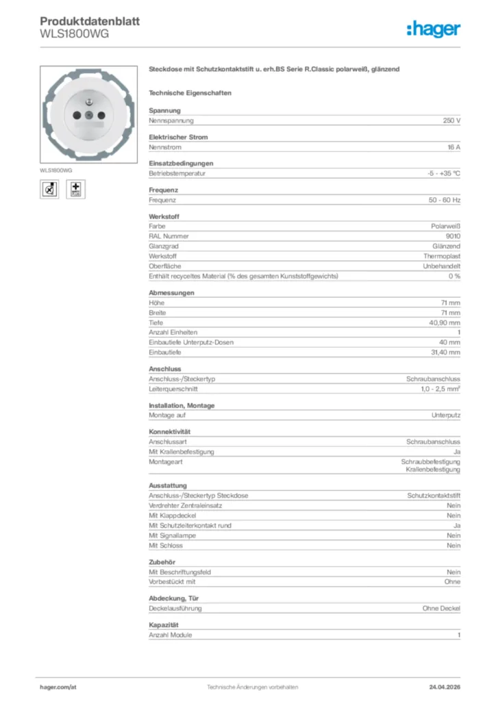 Bild Hager Produktdatenblatt WLS1800WG | Hager Deutschland