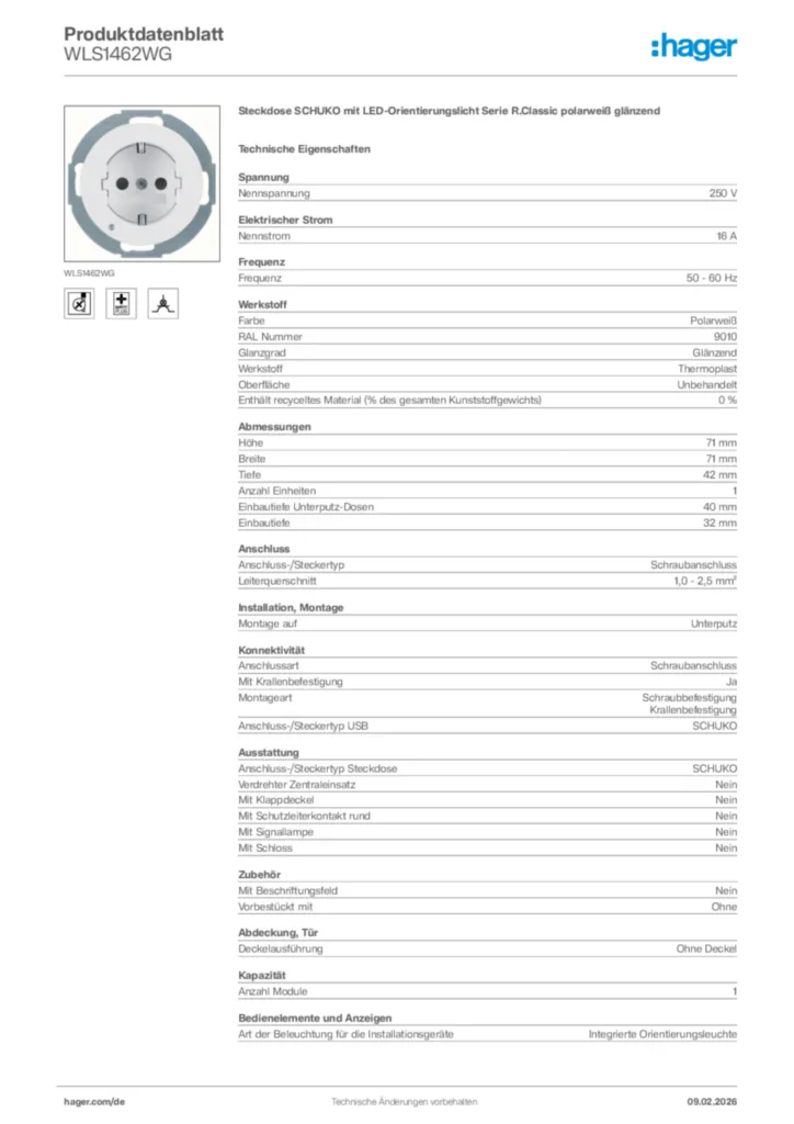 Bild Hager Produktdatenblatt WLS1462WG | Hager Deutschland