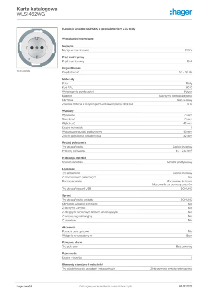 Zdjęcie Hager Karta katalogowa WLS1462WG | Hager Polska
