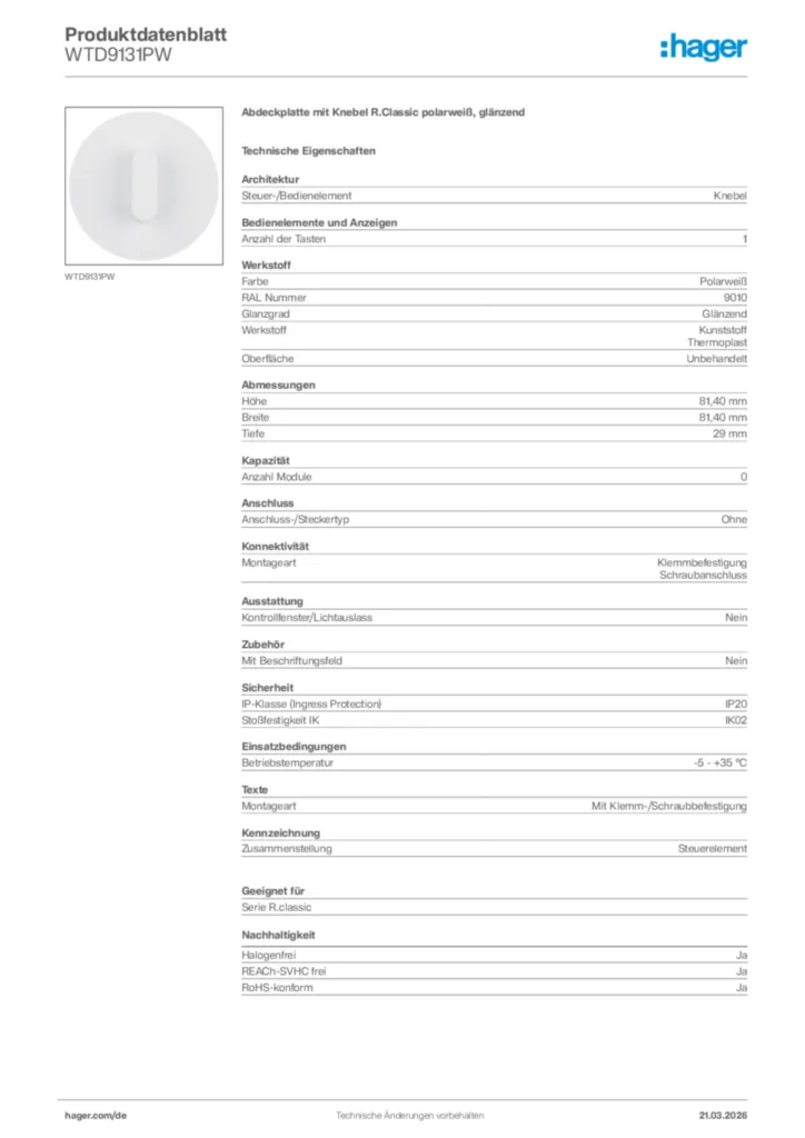 Bild Hager Produktdatenblatt WTD9131PW | Hager Deutschland