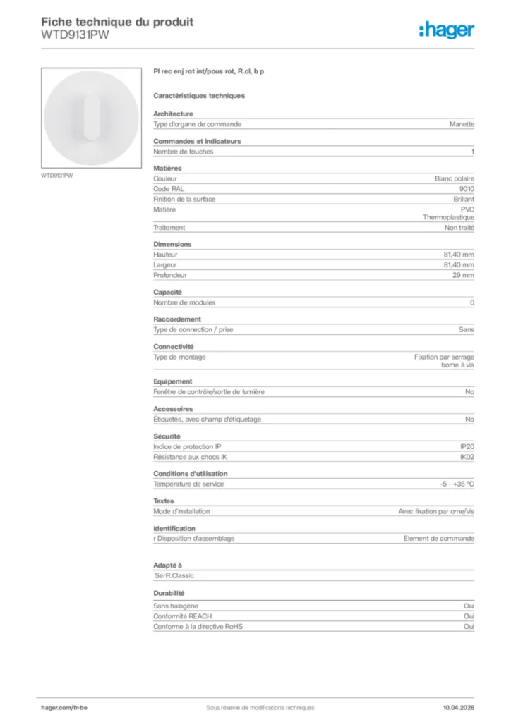 Image Hager Fiche technique du produit WTD9131PW | Hager Belgique