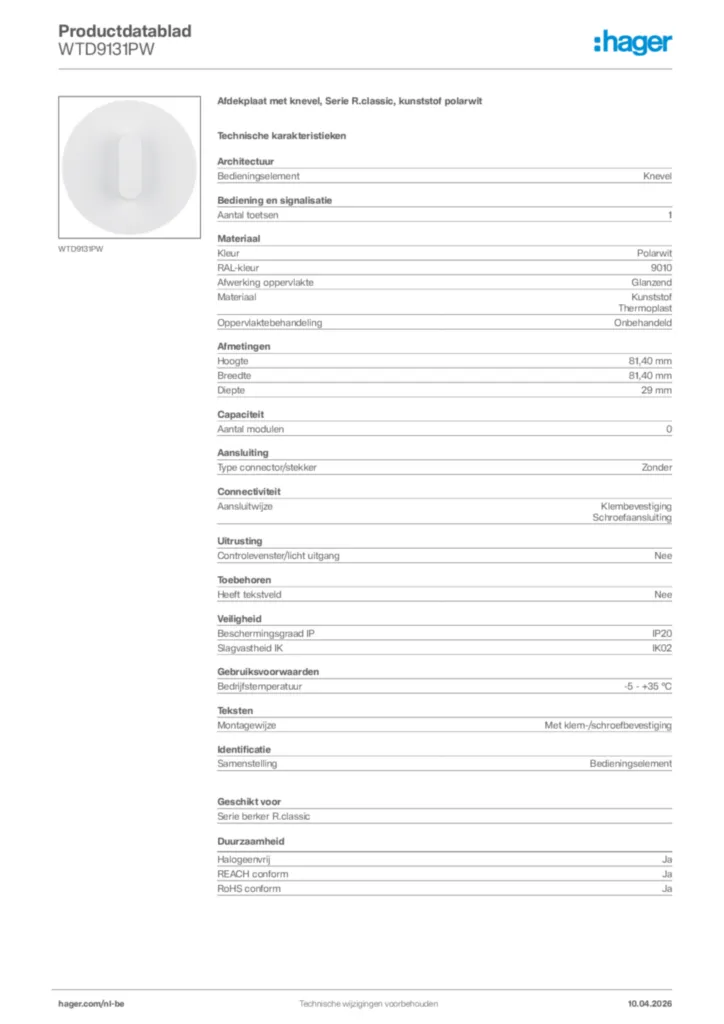 Afbeelding Hager Productdatablad WTD9131PW | Hager Belgium