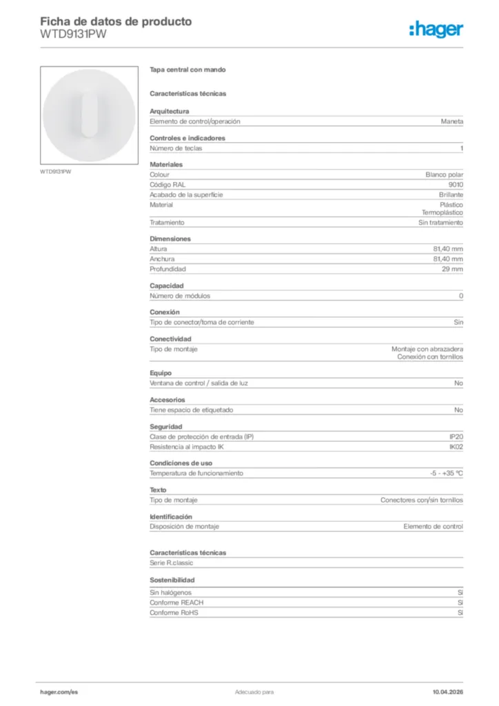 Imagen Hager Ficha de datos de producto WTD9131PW | Hager España