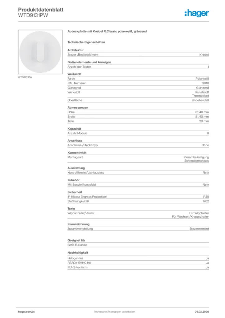 Bild Hager Produktdatenblatt WTD9131PW | Hager Deutschland