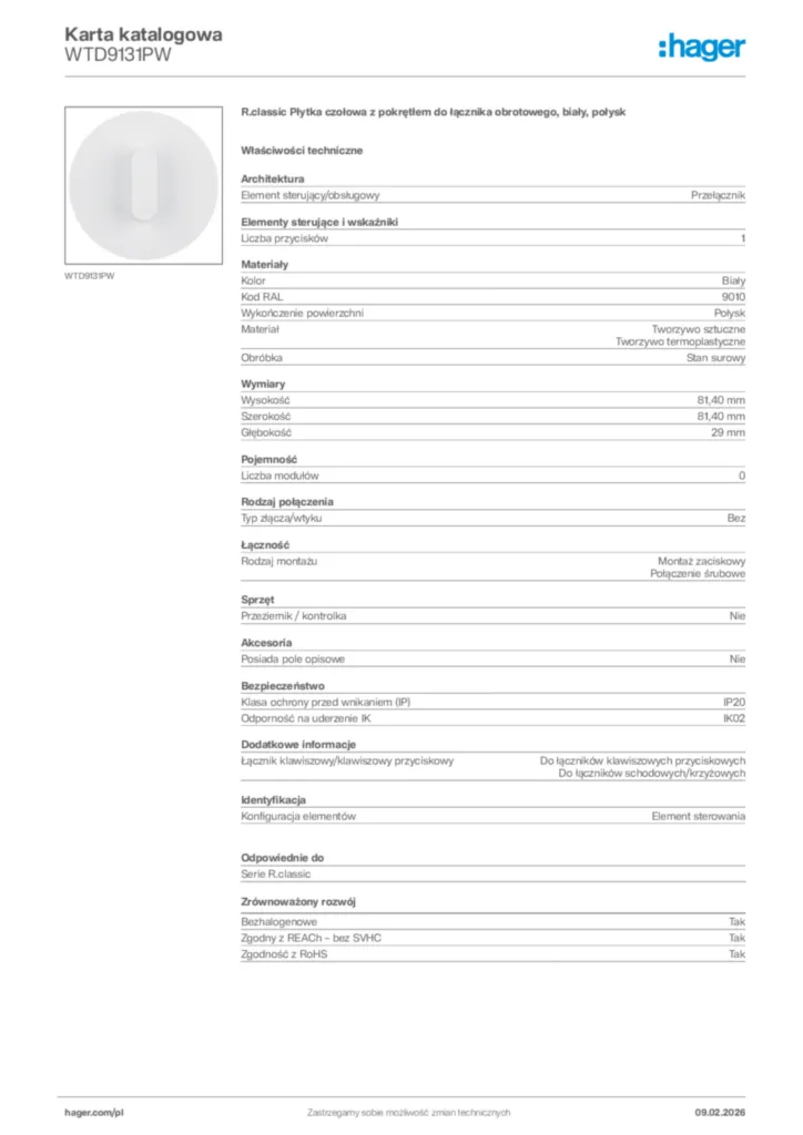 Zdjęcie Hager Karta katalogowa WTD9131PW | Hager Polska