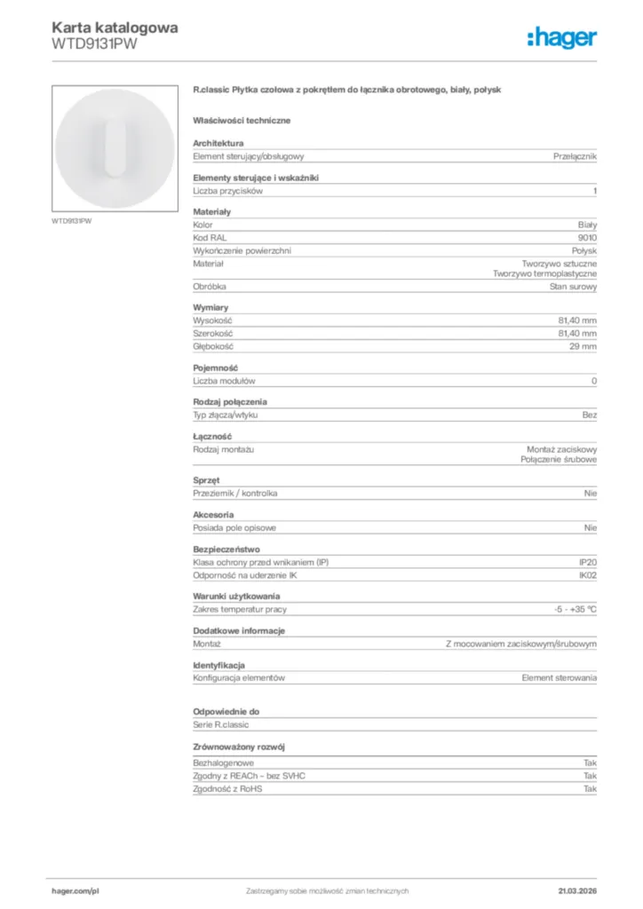 Zdjęcie Hager Karta katalogowa WTD9131PW | Hager Polska
