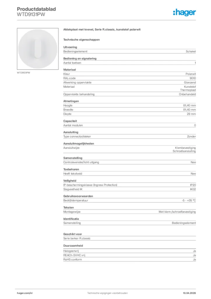 Afbeelding Hager Productdatablad WTD9131PW | Hager Nederland