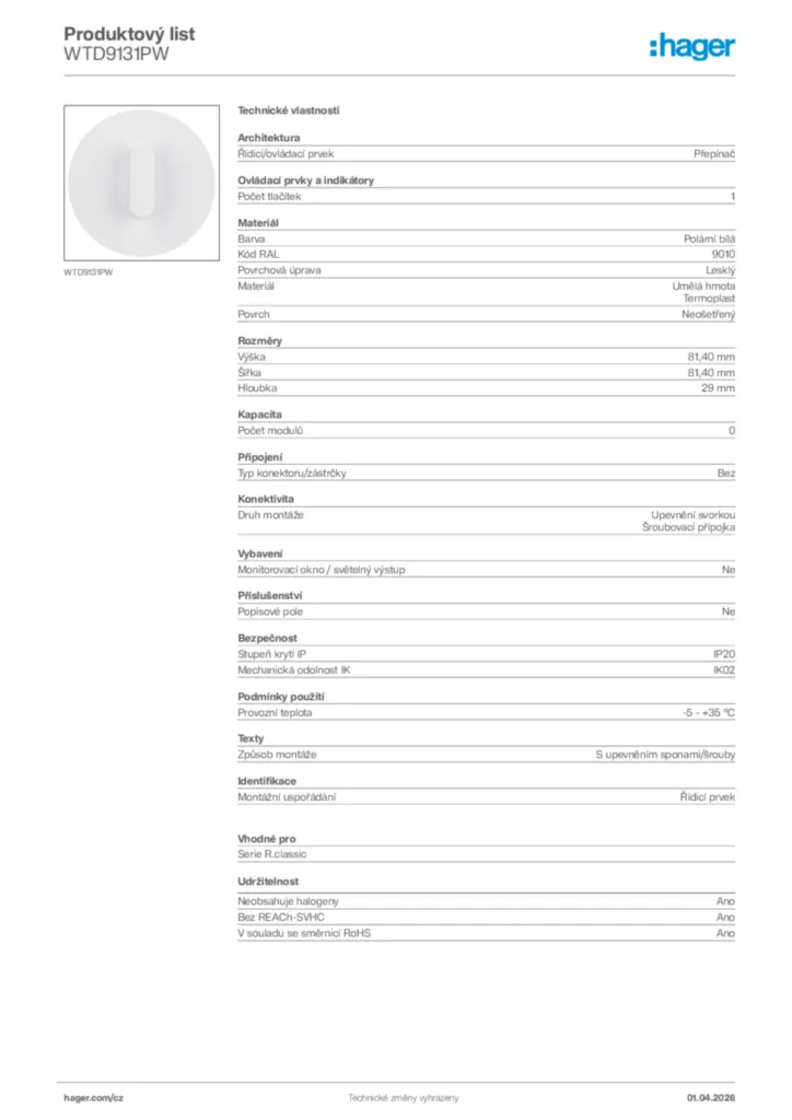 Obrázek Hager Product data sheet WTD9131PW | Hager