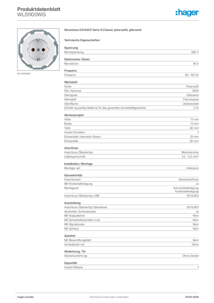 Bild Hager Produktdatenblatt WLS1100WG | Hager Deutschland