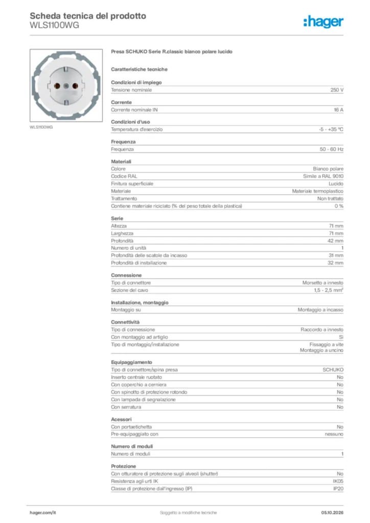 Immagine Hager Scheda tecnica del prodotto WLS1100WG | Hager Italia