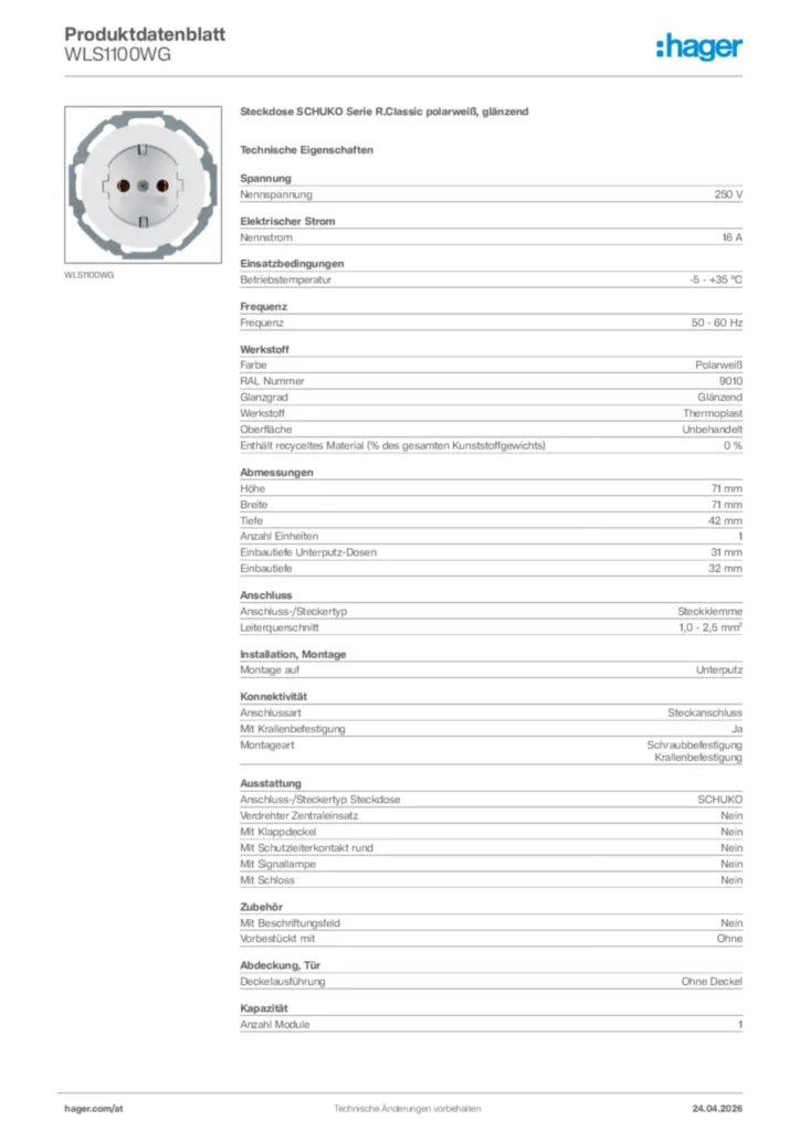 Bild Hager Produktdatenblatt WLS1100WG | Hager Deutschland
