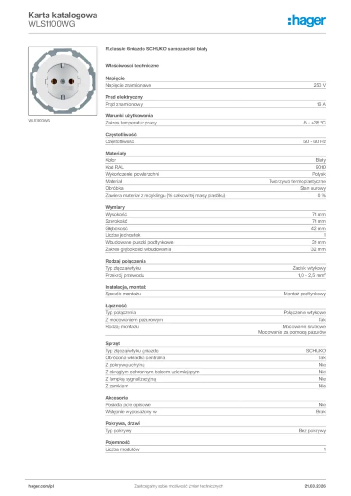 Zdjęcie Hager Karta katalogowa WLS1100WG | Hager Polska