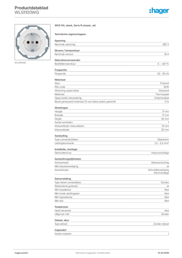 Afbeelding Hager Productdatablad WLS1100WG | Hager Nederland