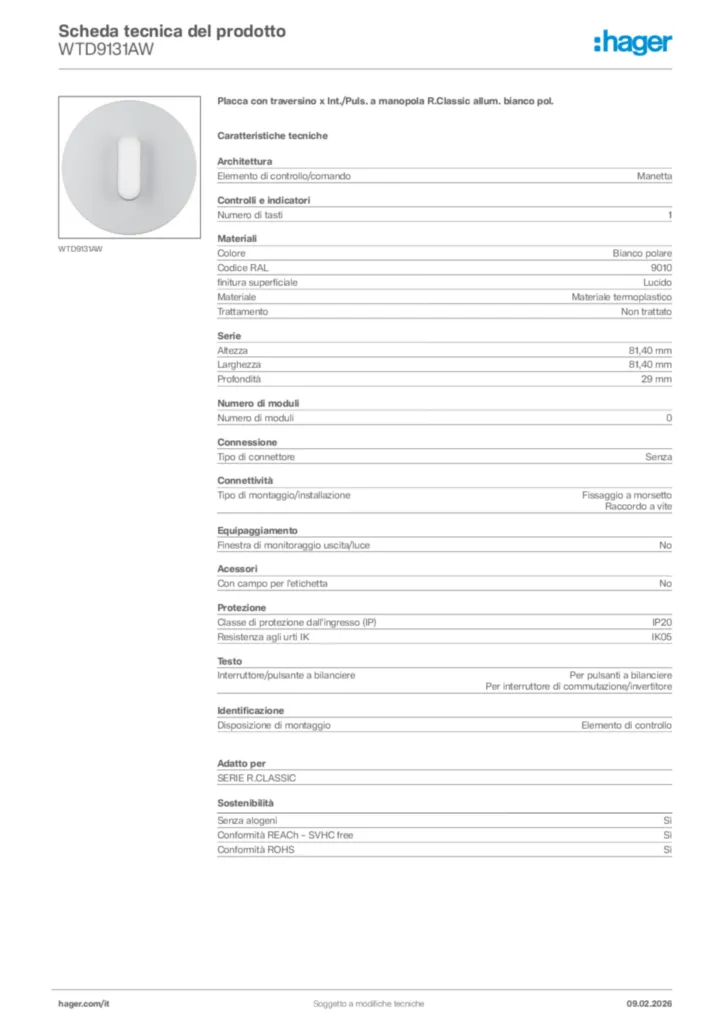 Immagine Hager Scheda tecnica del prodotto WTD9131AW | Hager Italia