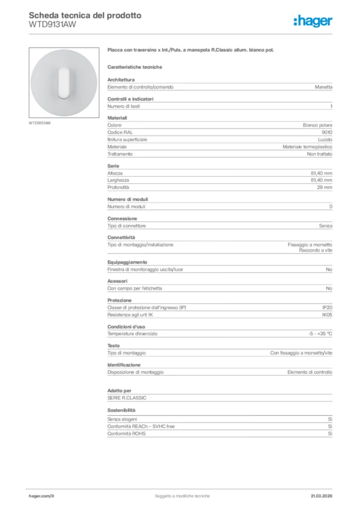 Immagine Hager Scheda tecnica del prodotto WTD9131AW | Hager Italia