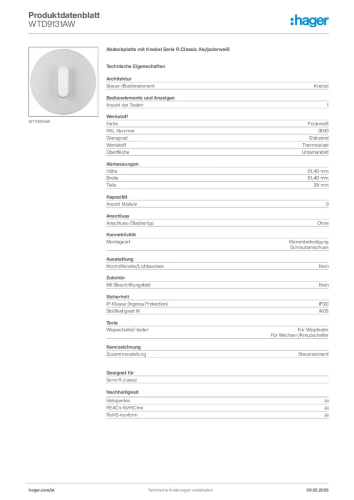 Bild Hager Produktdatenblatt WTD9131AW | Hager Deutschland