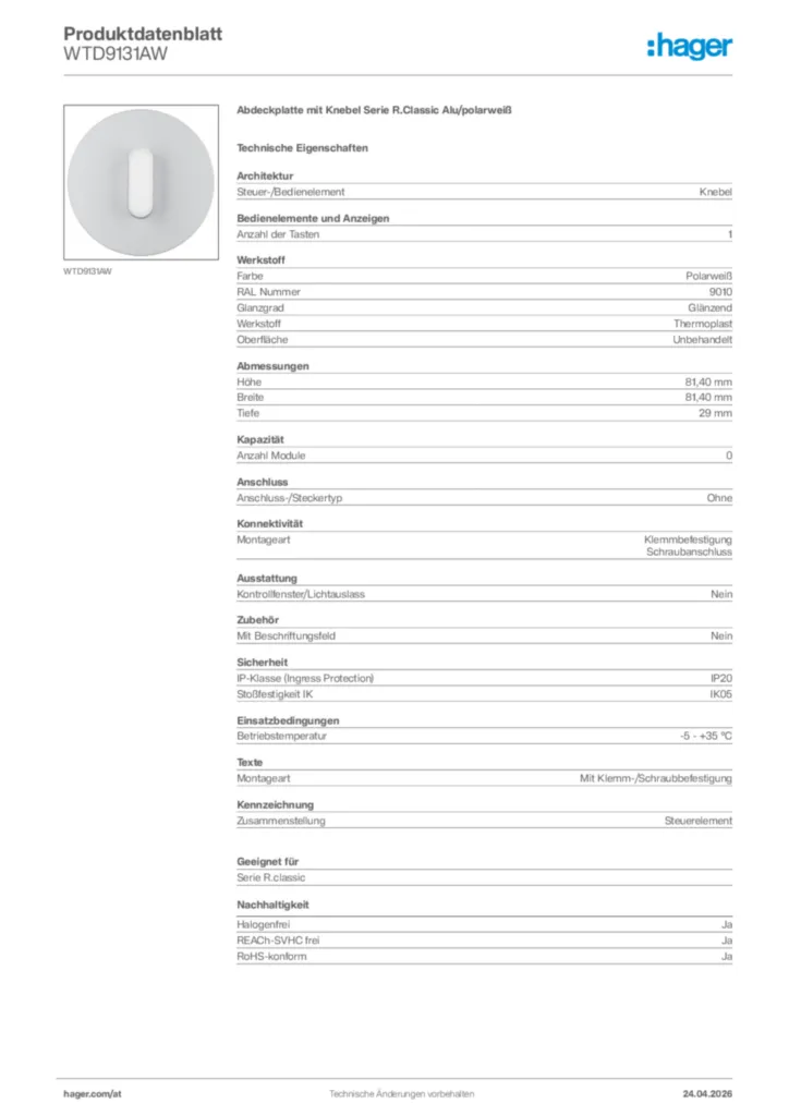 Bild Hager Produktdatenblatt WTD9131AW | Hager Deutschland