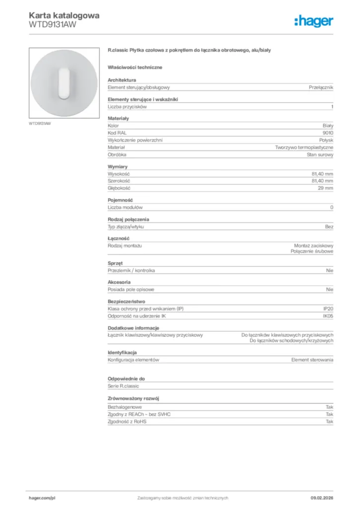 Zdjęcie Hager Karta katalogowa WTD9131AW | Hager Polska