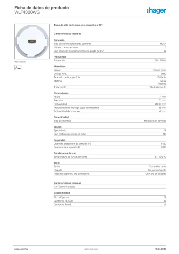 Imagen Hager Ficha de datos de producto WLF4380WG | Hager España