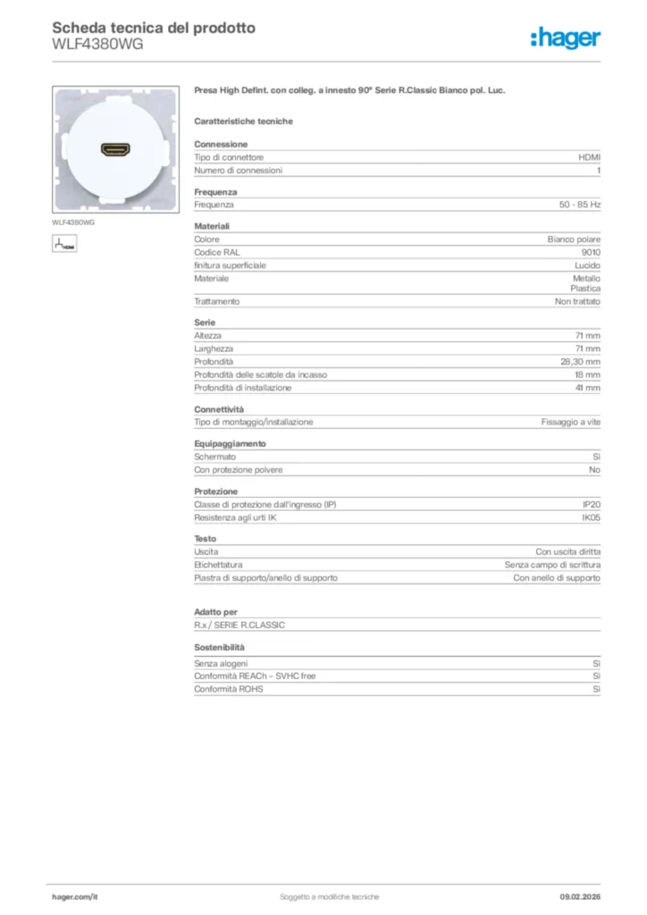 Immagine Hager Scheda tecnica del prodotto WLF4380WG | Hager Italia