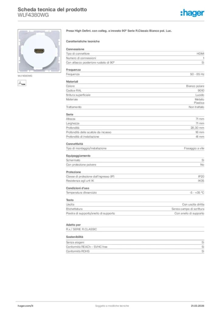 Immagine Hager Scheda tecnica del prodotto WLF4380WG | Hager Italia