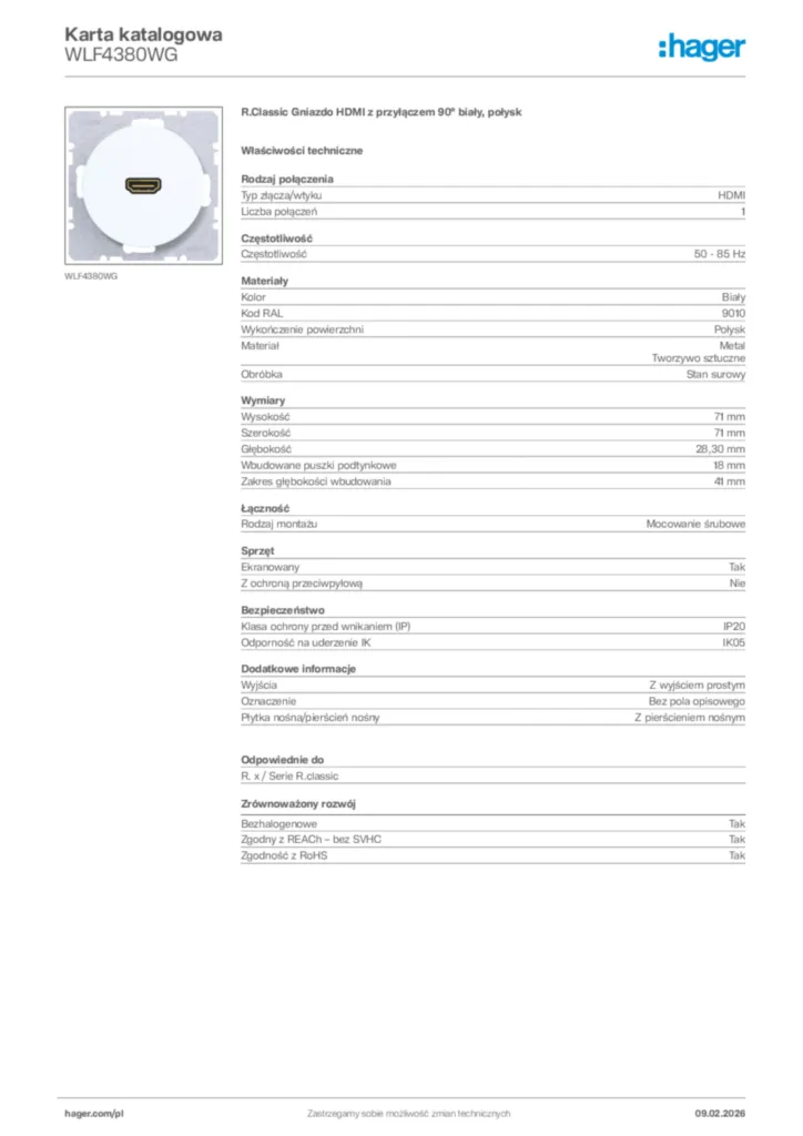 Zdjęcie Hager Karta katalogowa WLF4380WG | Hager Polska