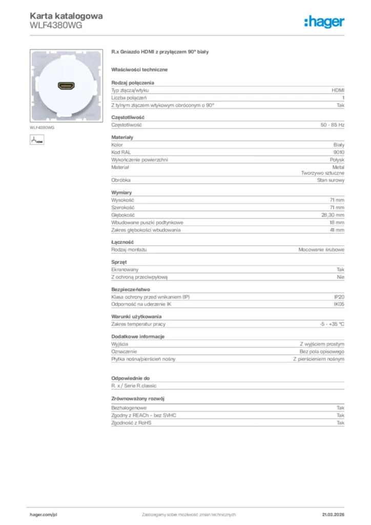 Zdjęcie Hager Karta katalogowa WLF4380WG | Hager Polska