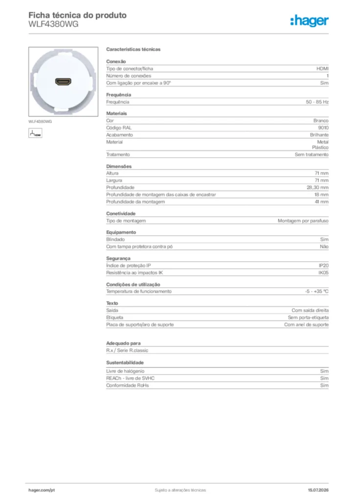 Imagem Hager Ficha técnica do produto WLF4380WG | Hager Portugal