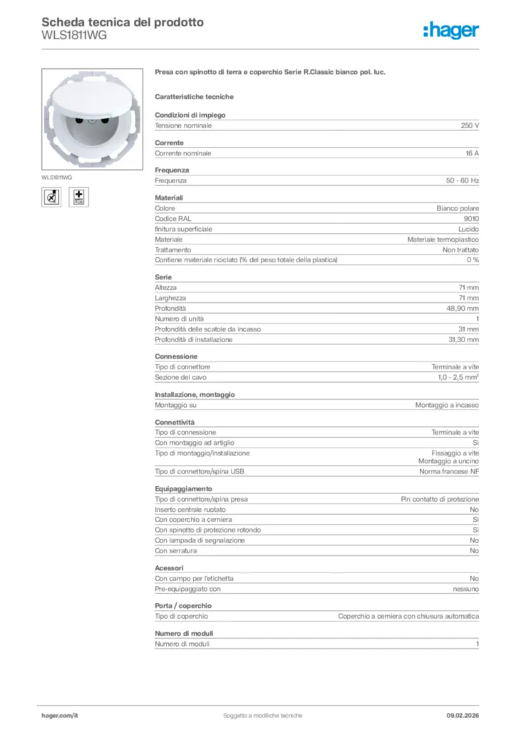Immagine Hager Scheda tecnica del prodotto WLS1811WG | Hager Italia