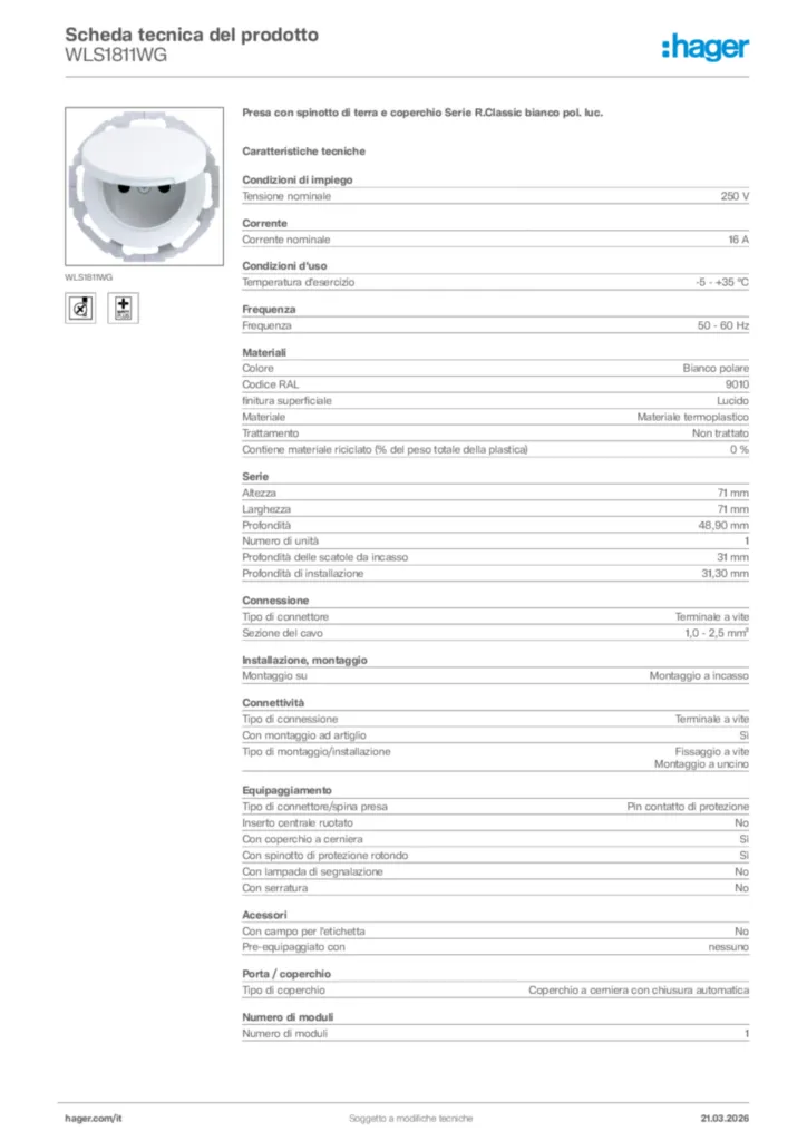 Immagine Hager Scheda tecnica del prodotto WLS1811WG | Hager Italia