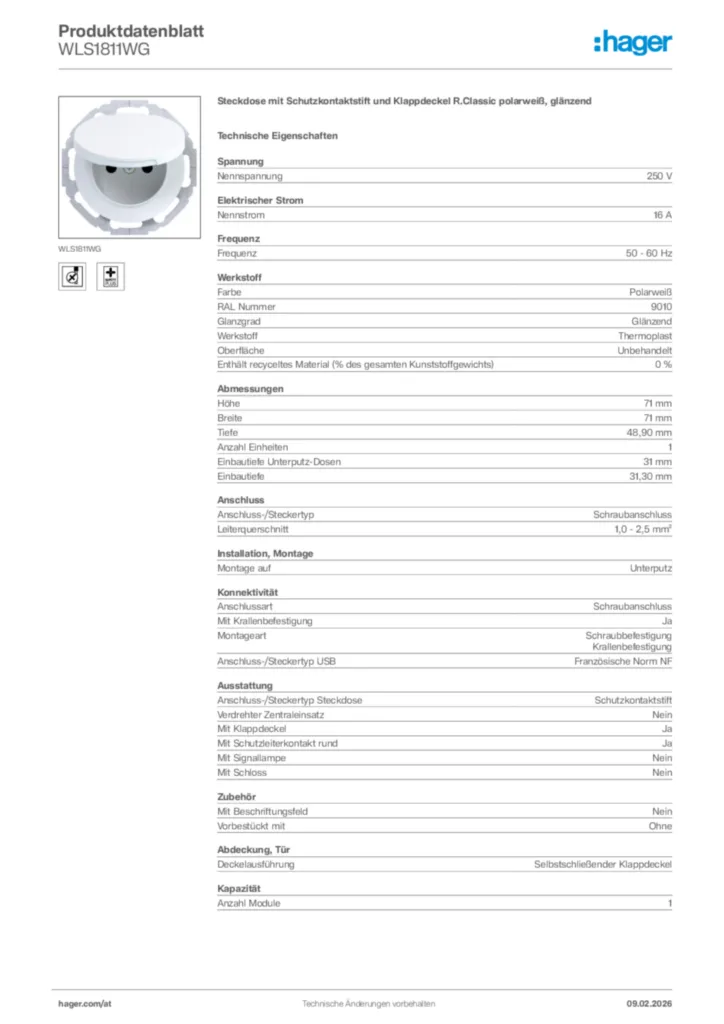 Bild Hager Produktdatenblatt WLS1811WG | Hager Deutschland