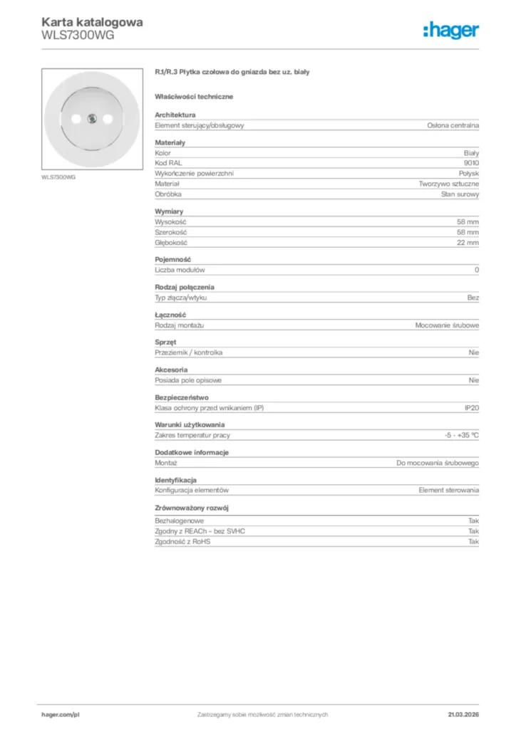 Zdjęcie Hager Karta katalogowa WLS7300WG | Hager Polska