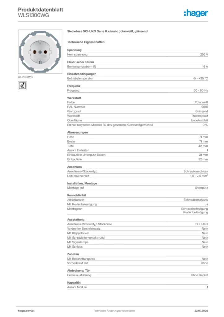 Bild Hager Produktdatenblatt WLS1300WG | Hager Deutschland