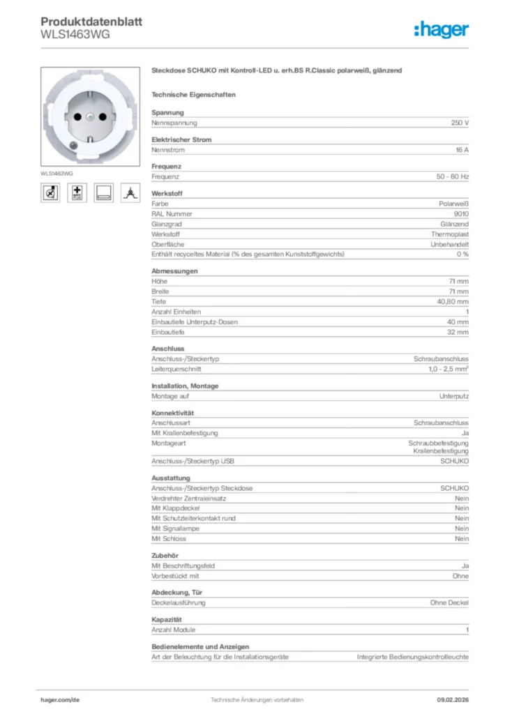 Bild Hager Produktdatenblatt WLS1463WG | Hager Deutschland