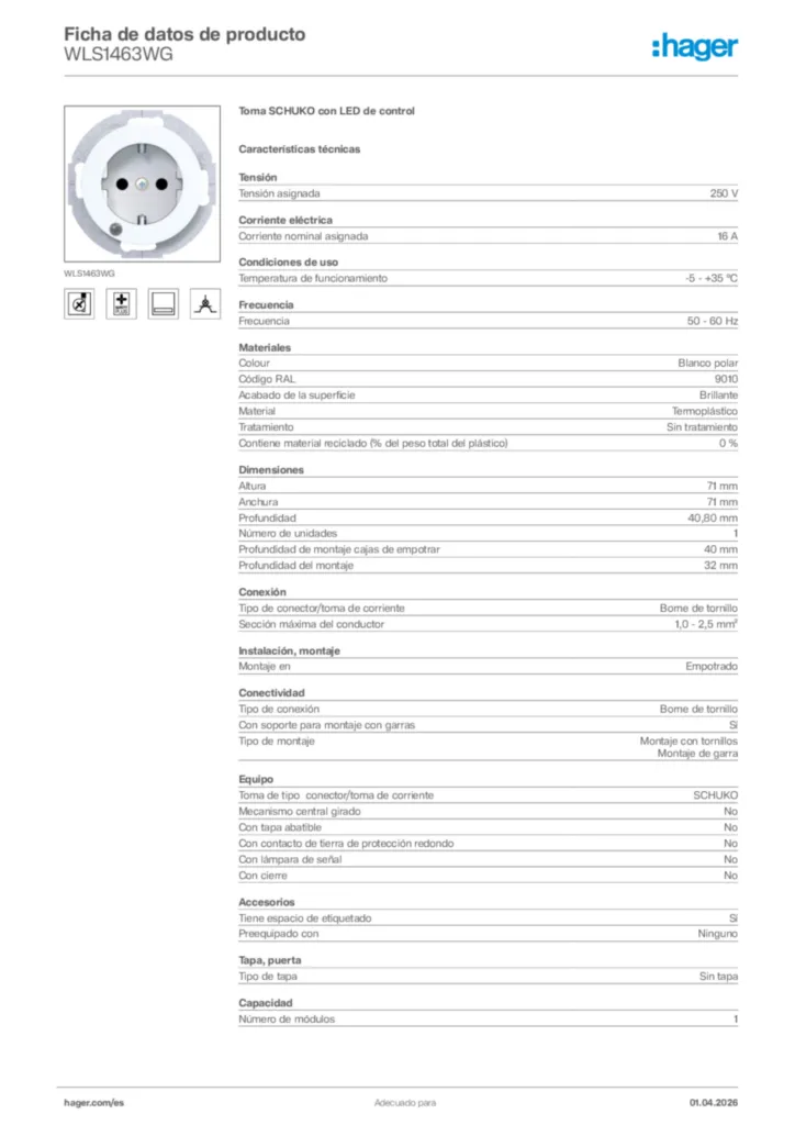 Imagen Hager Ficha de datos de producto WLS1463WG | Hager España