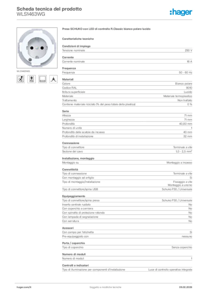 Immagine Hager Scheda tecnica del prodotto WLS1463WG | Hager Italia