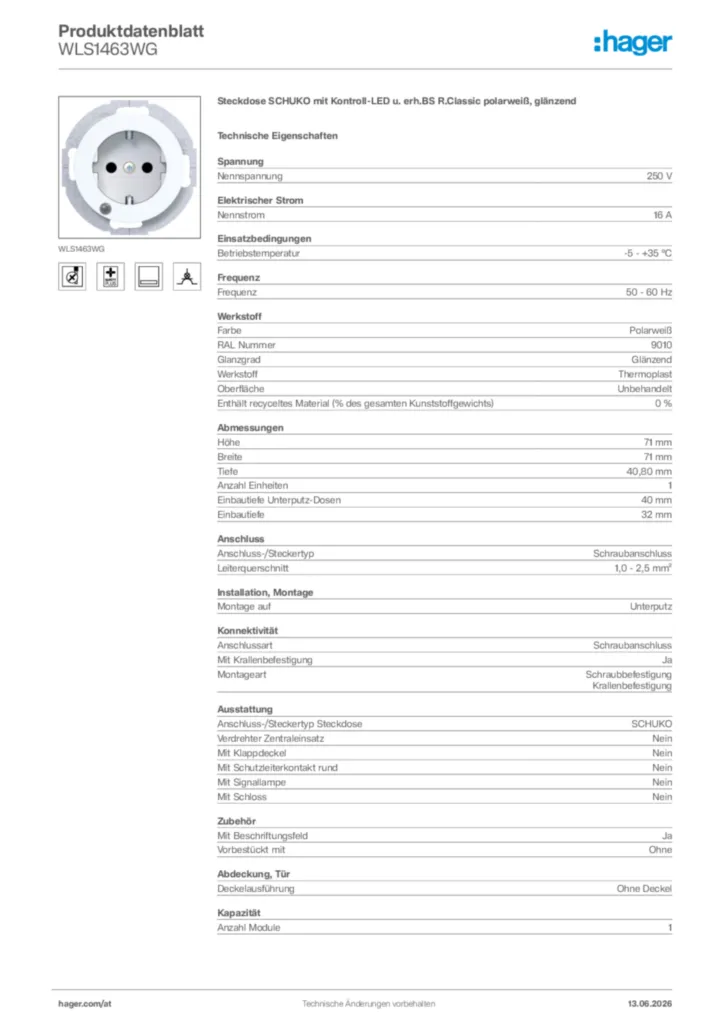 Bild Hager Produktdatenblatt WLS1463WG | Hager Deutschland