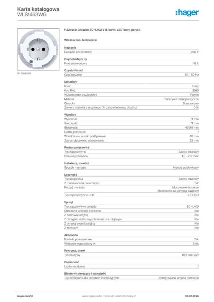 Zdjęcie Hager Karta katalogowa WLS1463WG | Hager Polska
