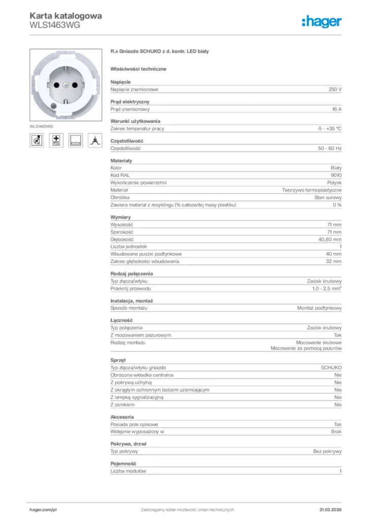 Zdjęcie Hager Karta katalogowa WLS1463WG | Hager Polska