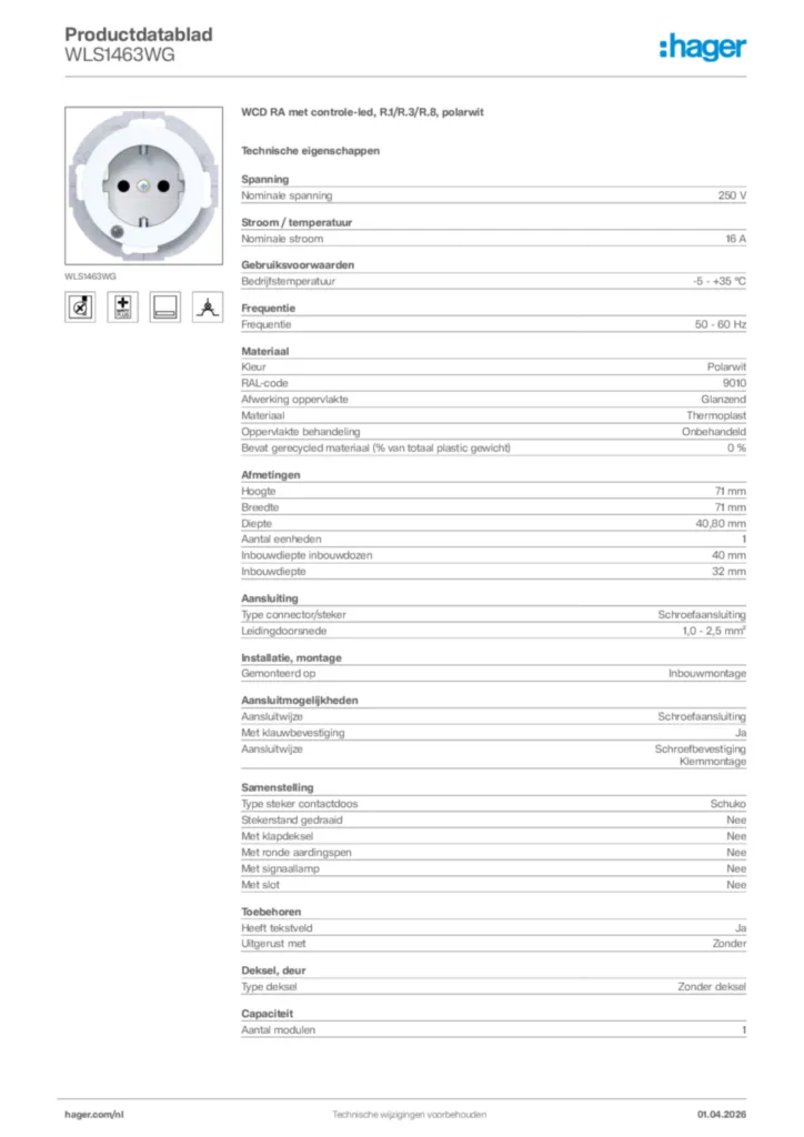 Afbeelding Hager Productdatablad WLS1463WG | Hager Nederland