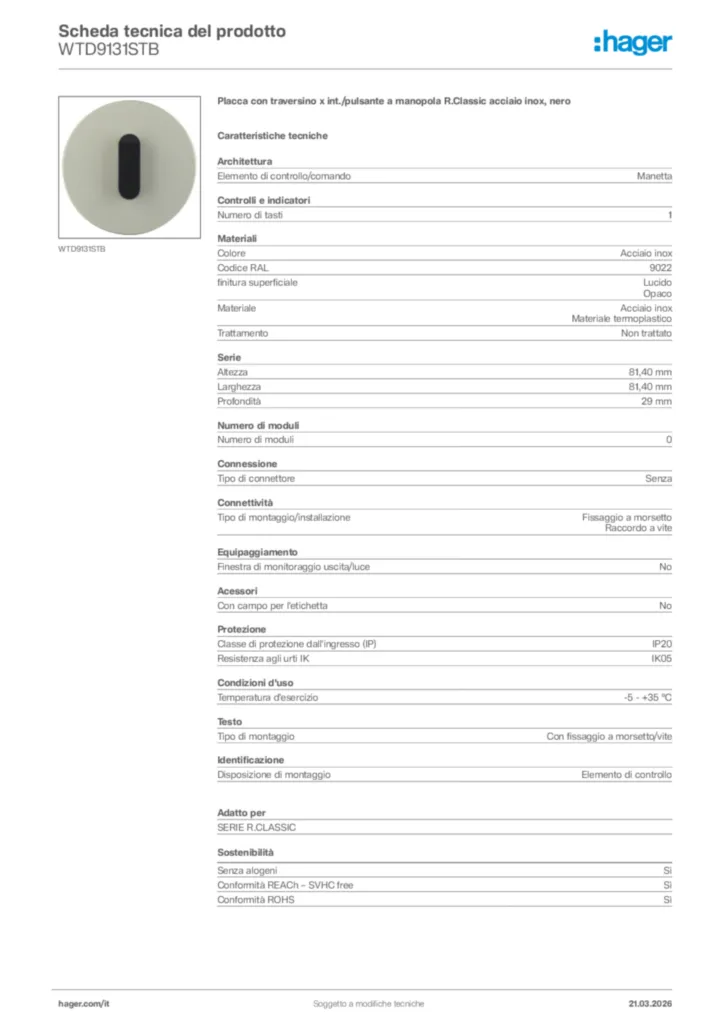 Immagine Hager Scheda tecnica del prodotto WTD9131STB | Hager Italia