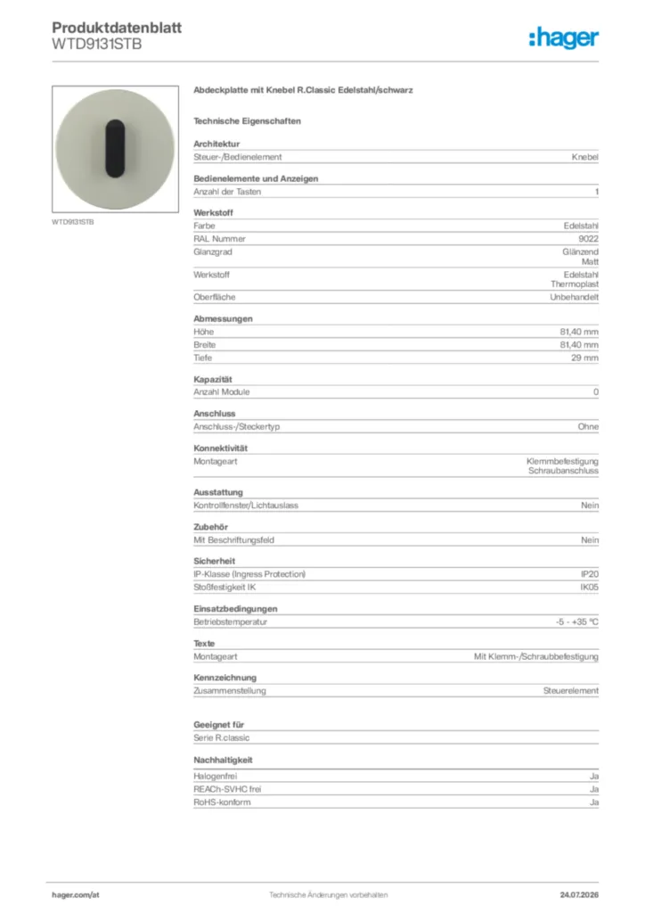 Bild Hager Produktdatenblatt WTD9131STB | Hager Deutschland
