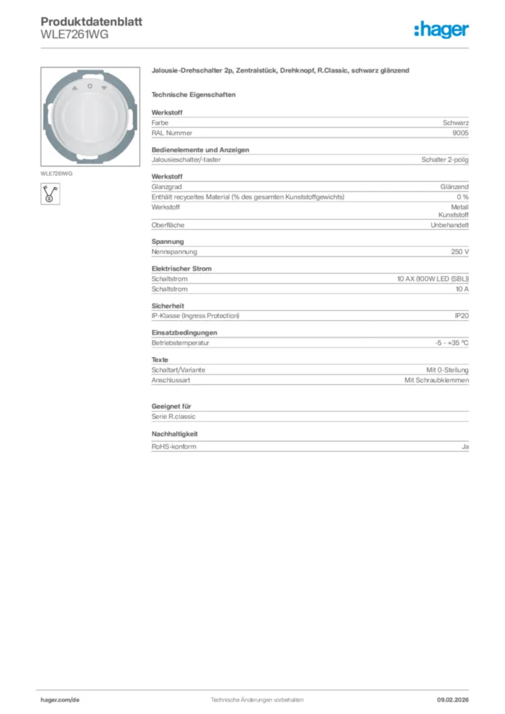 Bild Hager Produktdatenblatt WLE7261WG | Hager Deutschland