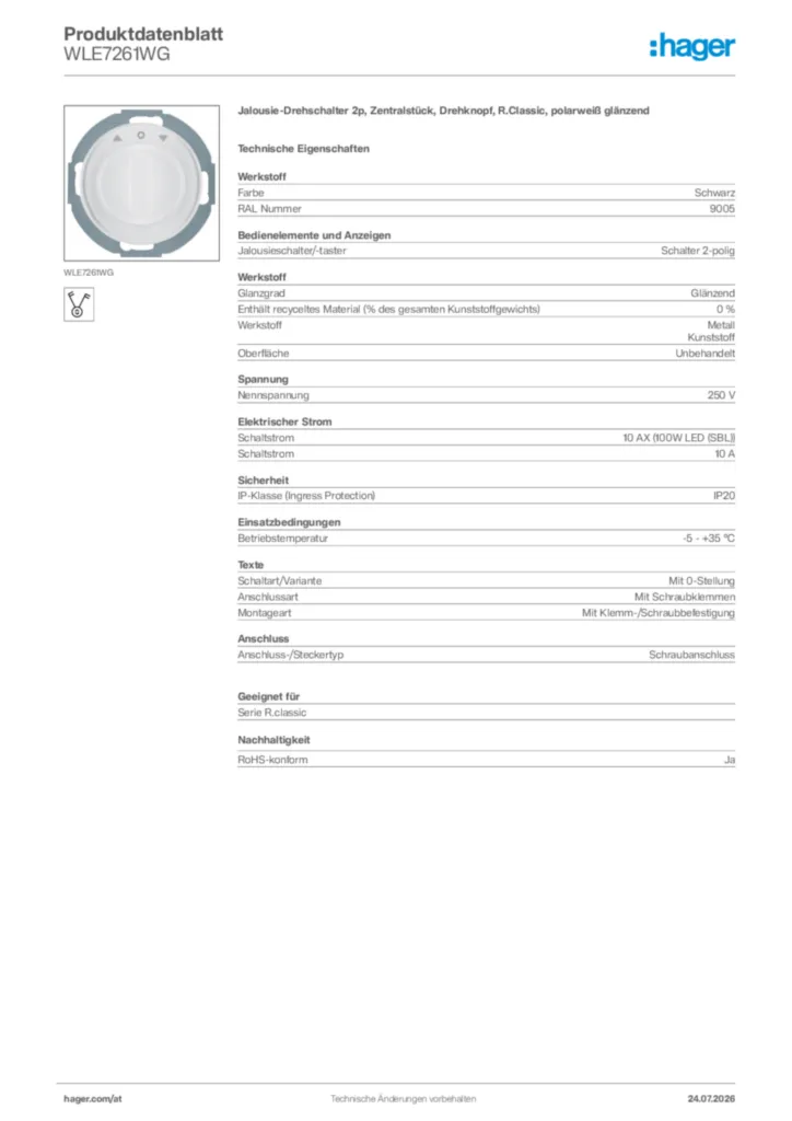 Bild Hager Produktdatenblatt WLE7261WG | Hager Deutschland