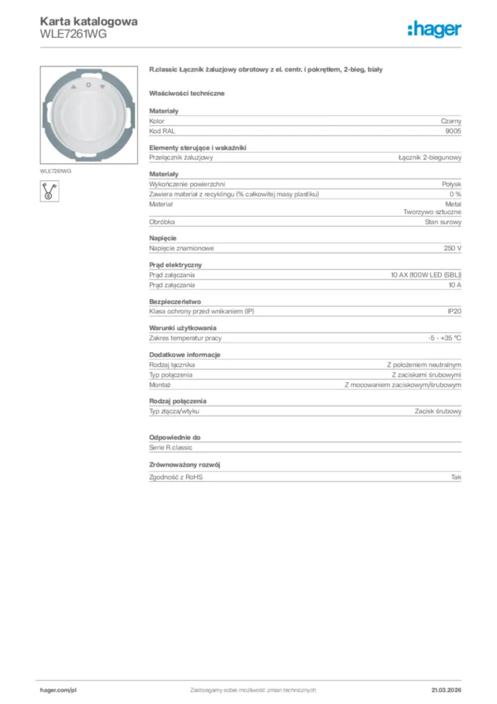 Zdjęcie Hager Karta katalogowa WLE7261WG | Hager Polska