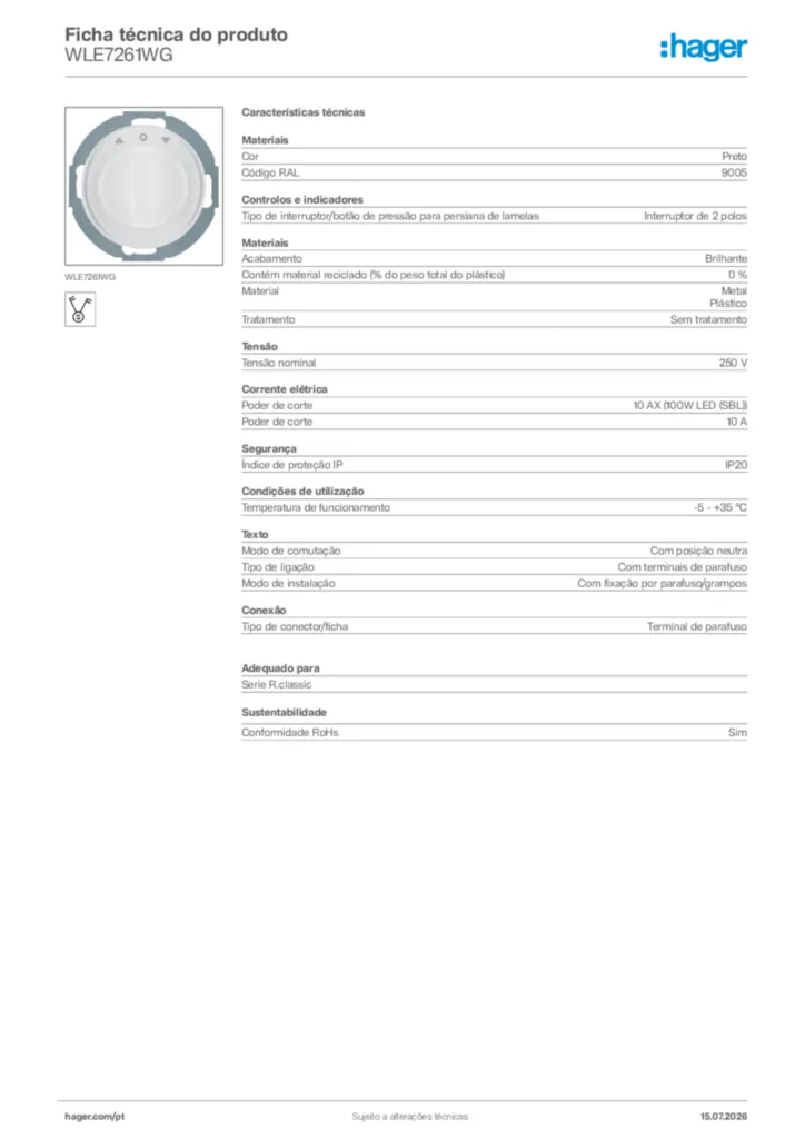Imagem Hager Ficha técnica do produto WLE7261WG | Hager Portugal