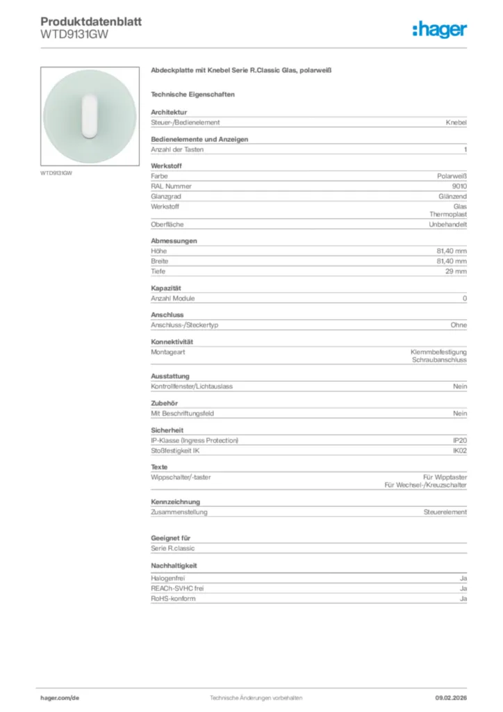 Bild Hager Produktdatenblatt WTD9131GW | Hager Deutschland